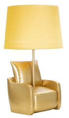 Lámpara de mesa Mid-Century de resina dorada con pantalla de tela ocre amarillo