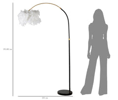 Lámpara de pie arqueada de metal negro con pantalla de plumas sintéticas