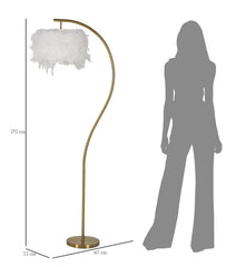 Lámpara de pie de diseño arqueado de metal dorado con pantalla de plumas sintéticas blancas