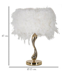 Lámpara de mesa Chariot metal dorado pantalla de plumas sintéticas blancas