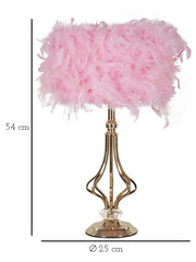 Lámpara de mesa Tarty, metal dorado, pantalla de plumas rosas