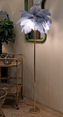 Lampe de sol Palm métal doré abat-jour plumes blanches