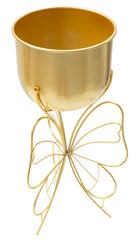 Soporte de jarrón de metal dorado con base en forma de mariposa