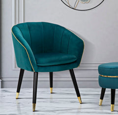 Sillón azul petróleo París con patas de madera negra y acabados dorados