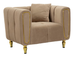 Sillón Alma de Terciopelo Acolchado color Tórtola con patas Doradas