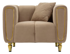 Sillón Alma de Terciopelo Acolchado color Tórtola con patas Doradas