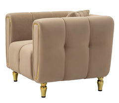Sillón Alma de Terciopelo Acolchado color Tórtola con patas Doradas