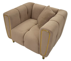 Sillón Alma de Terciopelo Acolchado color Tórtola con patas Doradas