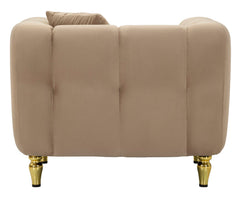 Sillón Alma de Terciopelo Acolchado color Tórtola con patas Doradas