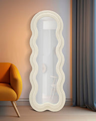 Espejo de pared Teddy Tejido rizado Crema marco de madera
