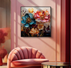 Cuadro de pared lacado con marco de madera y metal negro, flores multicolores