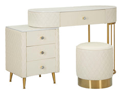 Tocador Sharon polipiel blanco con taburete redondo metal dorado