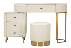 Tocador Sharon polipiel blanco con taburete redondo metal dorado