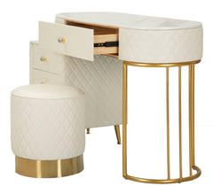 Tocador Sharon polipiel blanco con taburete redondo metal dorado