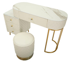 Tocador Sharon polipiel blanco con taburete redondo metal dorado