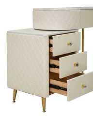 Tocador Sharon polipiel blanco con taburete redondo metal dorado