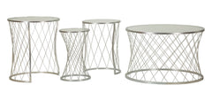 Ensemble de 4 tables en métal argenté motif diamant plateau en verre trempé