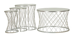 Ensemble de 4 tables en métal argenté motif diamant plateau en verre trempé