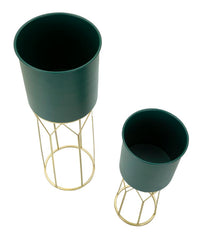 Soporte de maceta de 2 piezas, verde con base dorada y motivos geométricos