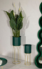 Soporte de maceta de 2 piezas, verde con base dorada y motivos geométricos