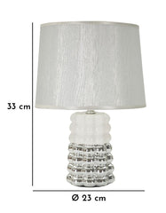 Lámpara de mesa de cerámica blanca y plateada con pantalla de tela plateada