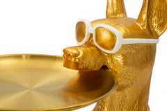 Estatua de perro pitbull dorada con bandeja para objetos