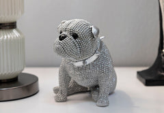 Estatua Bulldog Sentado Diamantes y Collar Plateado