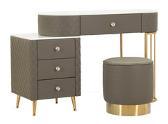Tocador Sharon de polipiel acolchado con taburete de metal dorado