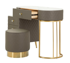 Tocador Sharon de polipiel acolchado con taburete de metal dorado