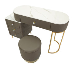 Tocador Sharon de polipiel acolchado con taburete de metal dorado