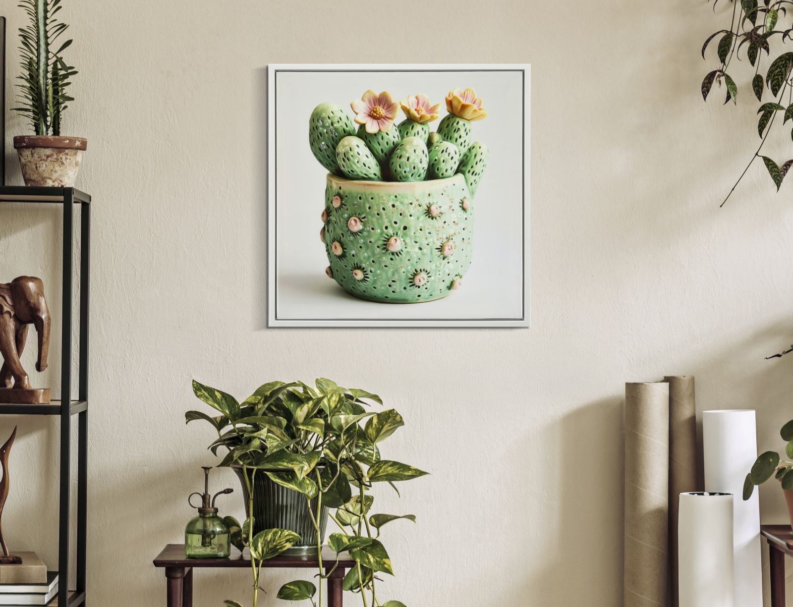 LACQUERED CANVAS PRINT WITH FRAME CACTUS JAR -H- CM 40X2,8X40