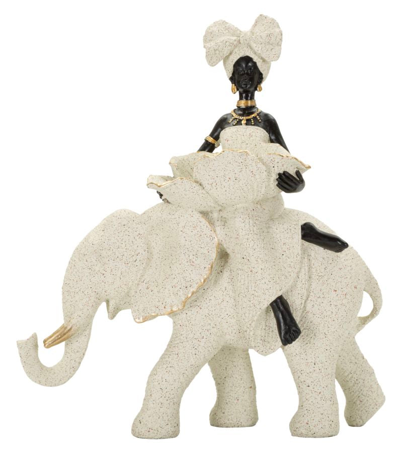 Ethnic Sculpture African Woman On Elephant 50X16X34 Cm
