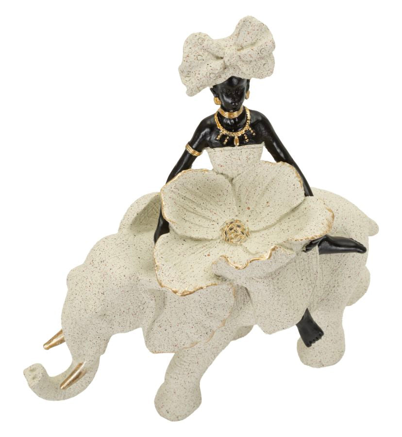 Ethnic Sculpture African Woman On Elephant 50X16X34 Cm