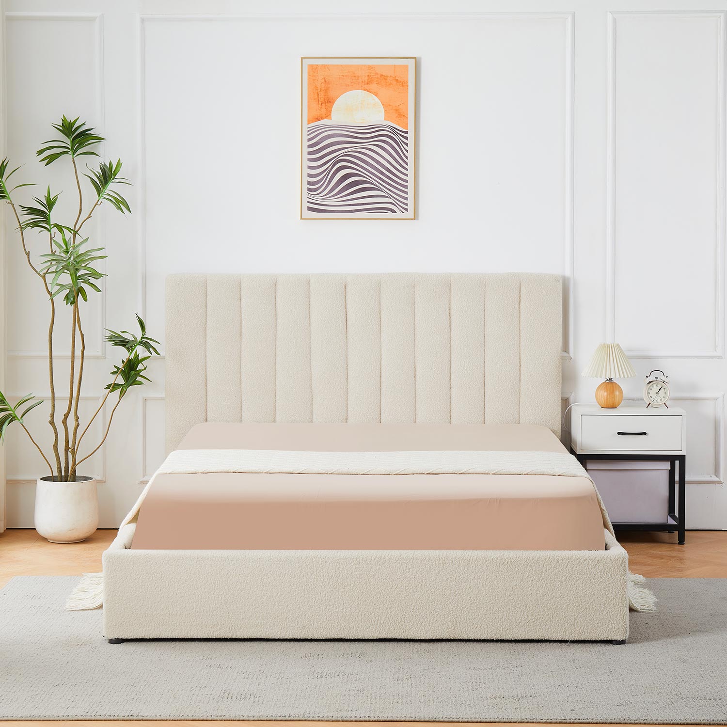 Lit Coffre Songe + Sommier Tissu bouclette Beige 180cm