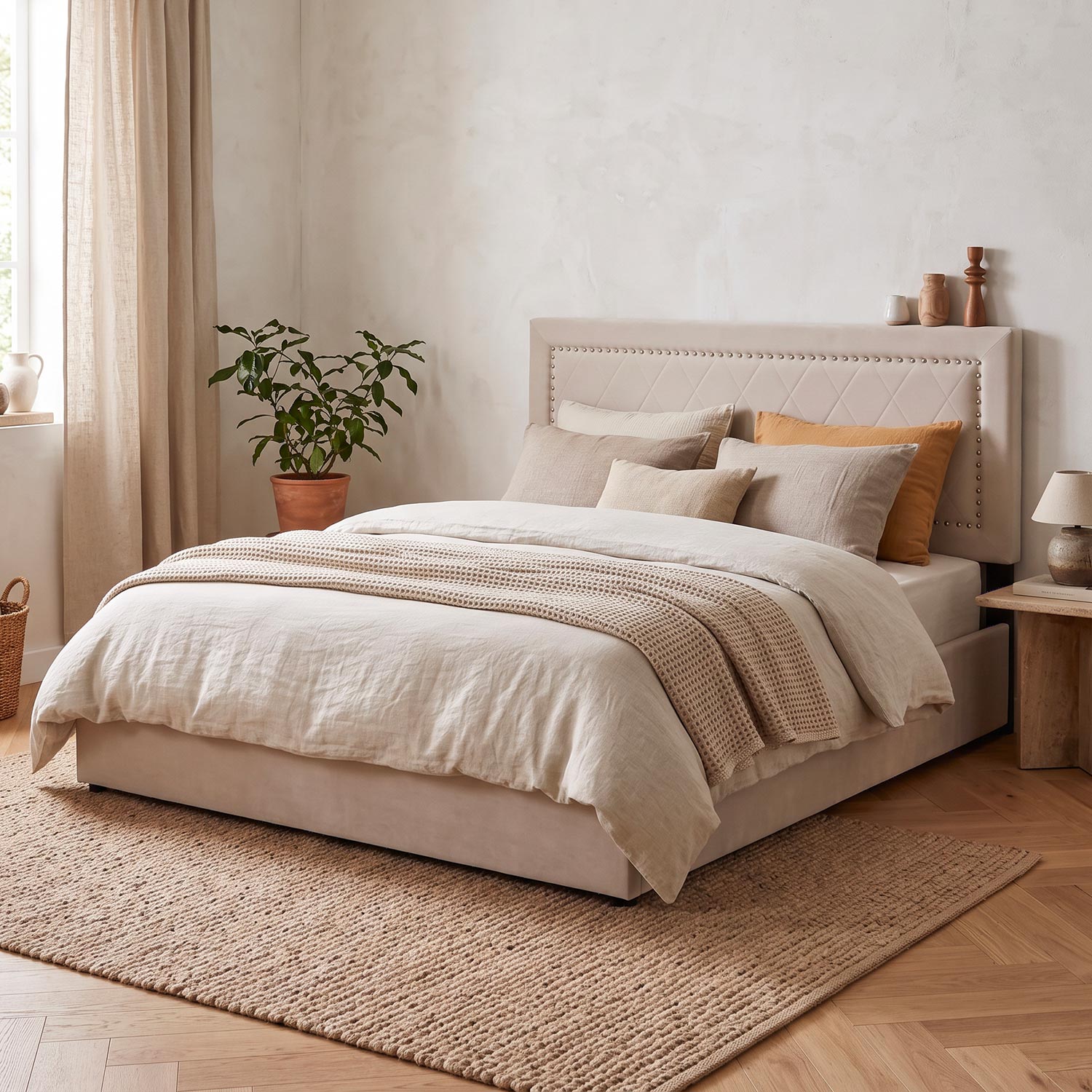 Lit coffre Sandiego avec sommier relevable 160x200cm et tête de lit cloutée Velours Taupe