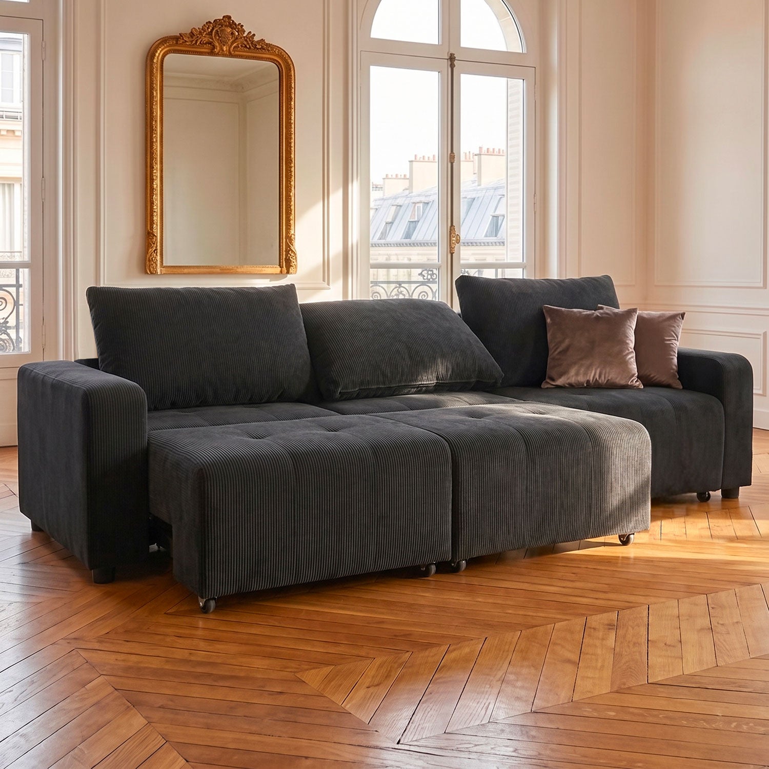 Canapé 3 places convertible et modulable Castelo Velours côtelé Noir