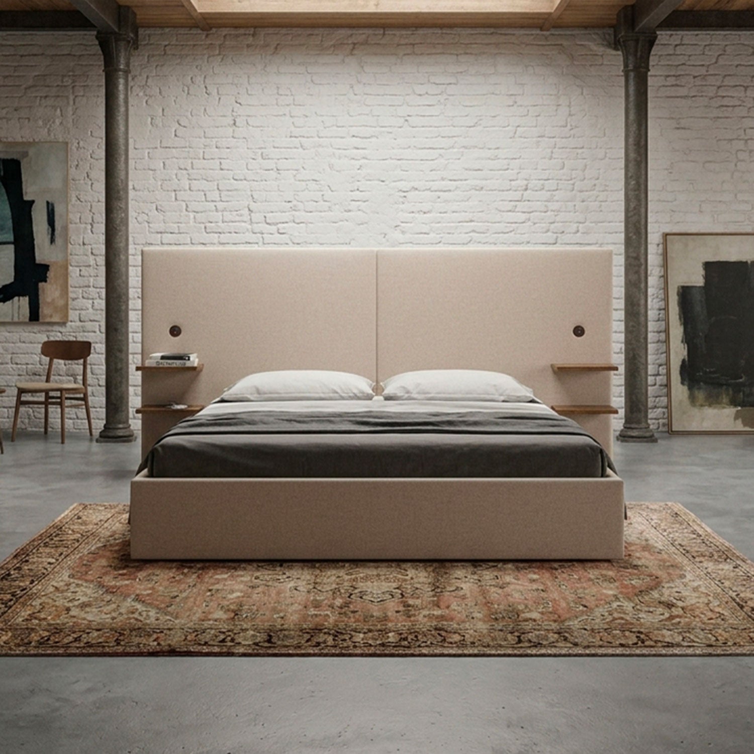Lit-coffre complet avec tablettes et ports USB intégrés Lukas 180x200cm Tissu Taupe clair
