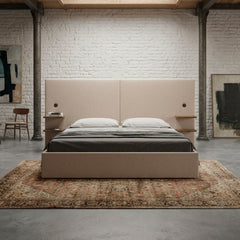 Lit-coffre complet avec tablettes et ports USB intégrés Lukas 180x200cm Tissu Taupe clair