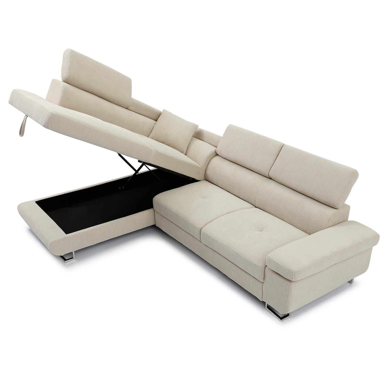 Canapé d'angle convertible Antoni avec têtières relevables angle à gauche Velours côtelé Beige