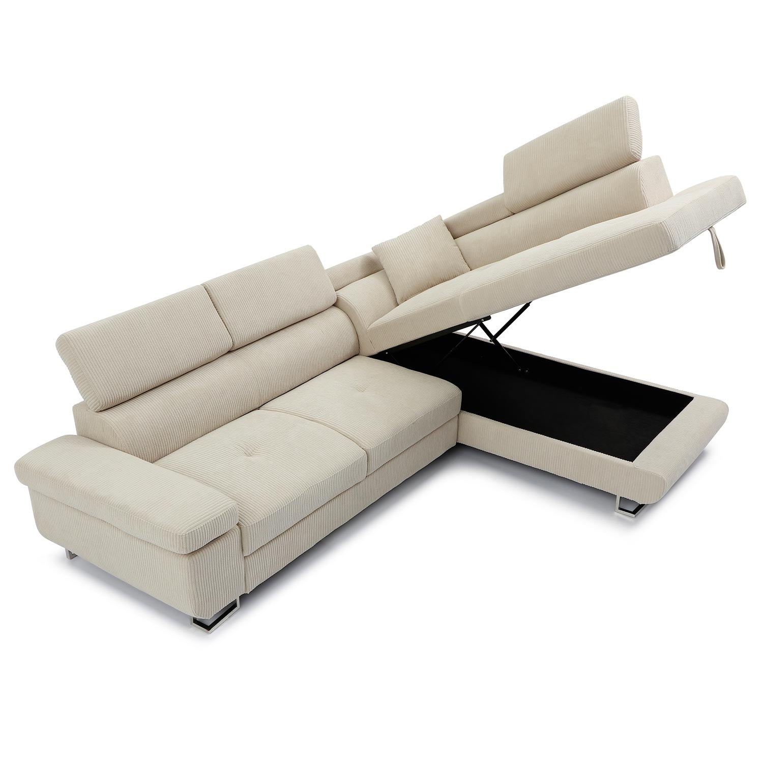 Canapé d'angle convertible Antoni avec têtières relevables angle à droite Velours côtelé Beige