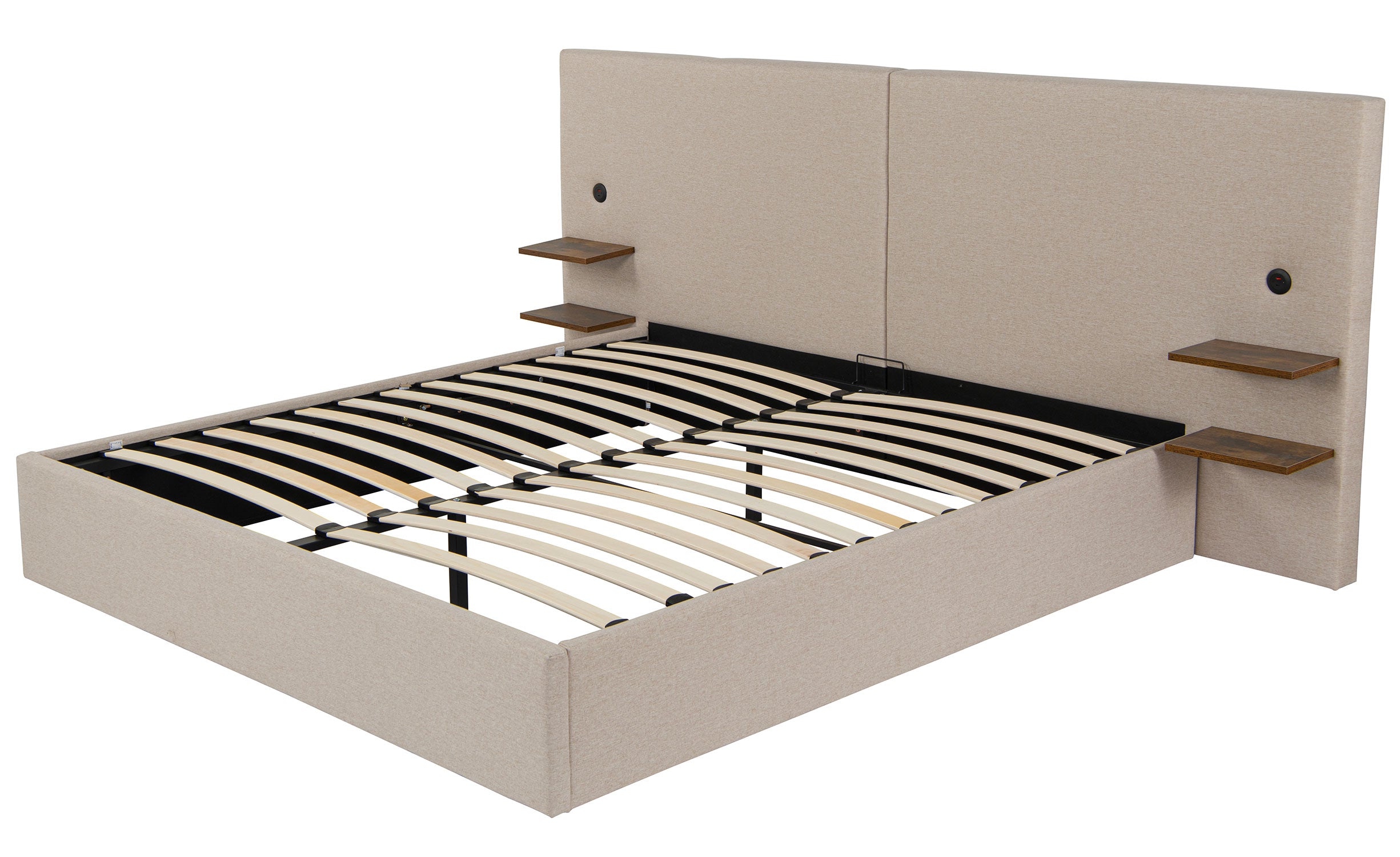 Lit-coffre complet avec tablettes et ports USB intégrés Lukas 180x200cm Tissu Taupe clair