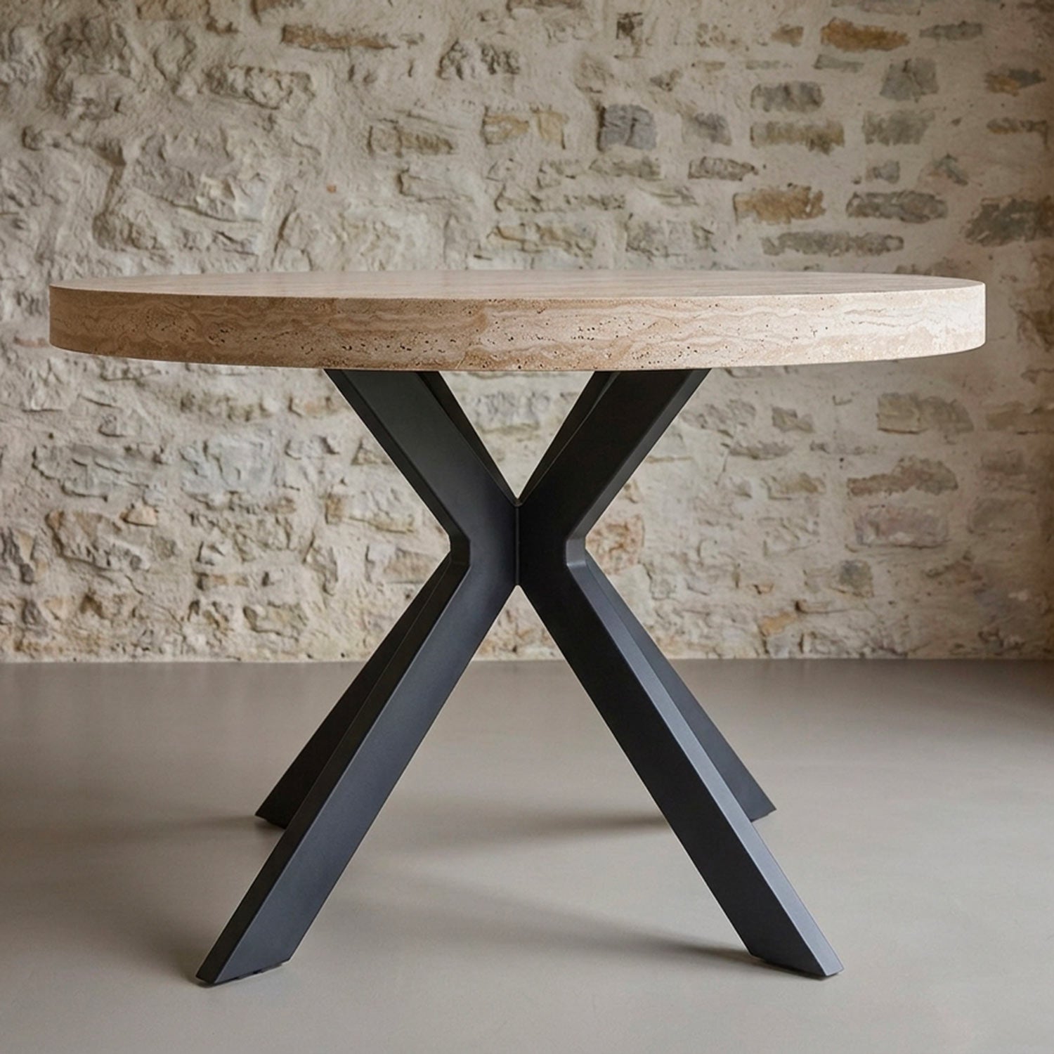 Table ronde extensible 110-260cm Myriade Effet travertin Beige et Noir