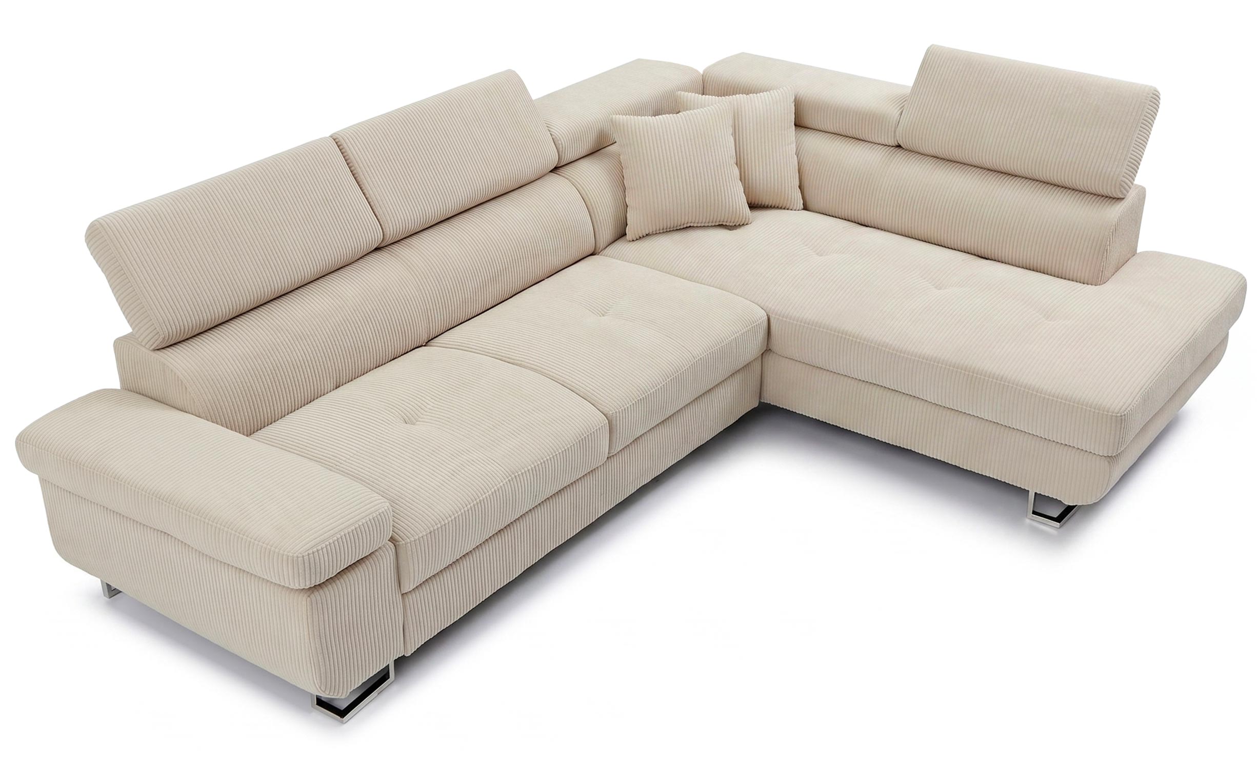 Canapé d'angle convertible Antoni avec têtières relevables angle à droite Velours côtelé Beige