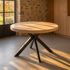 Table ronde extensible 110-260cm Myriade Effet travertin Beige et Noir