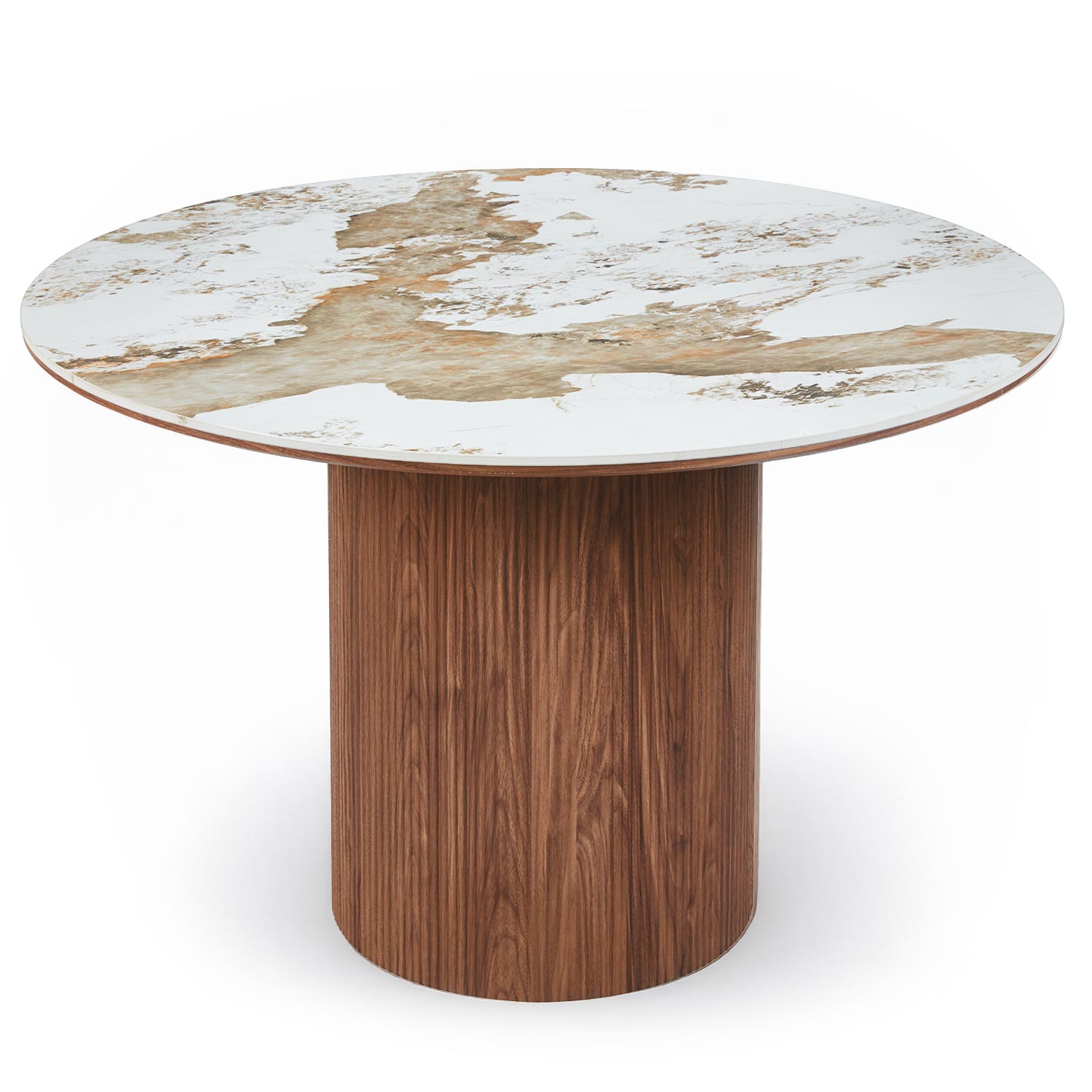 Table ronde moderne 120cm Églantine Céramique effet marbre blanc et pied colonne strié