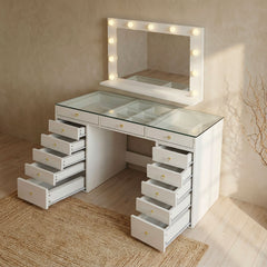 Coiffeuse moderne 13 tiroirs avec miroir lumineux et plateau en verre L120cm Probeauty Blanc