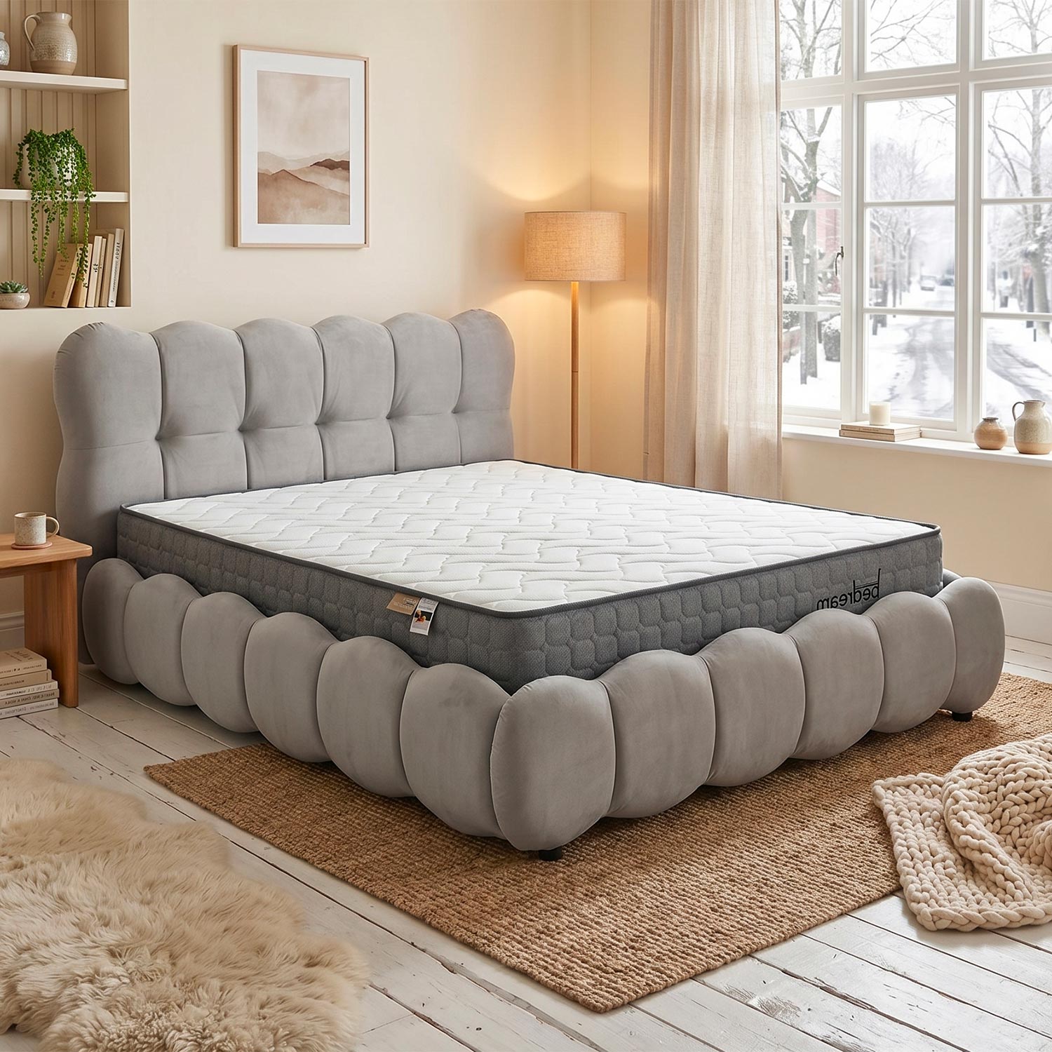Pack Lit-coffre design boule Bilbola + Matelas Bedream 160x200cm Velours Gris