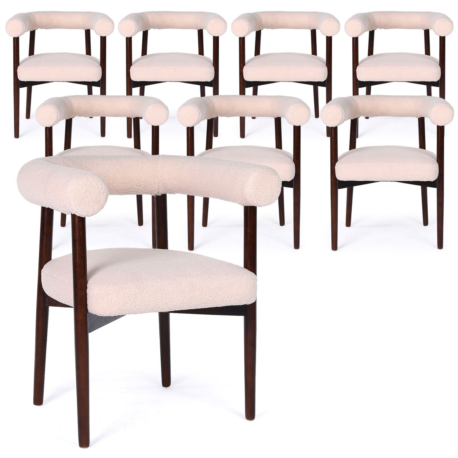 Lot de 8 chaises style scandinave chic Bringo Bois foncé et Tissu bouclette Beige