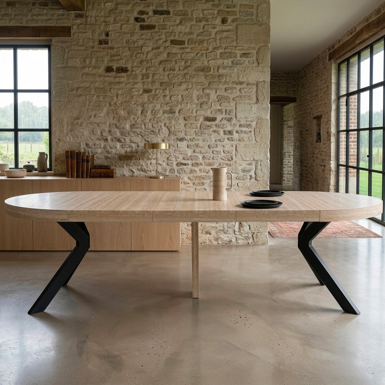 Table ronde extensible 110-260cm Myriade Effet travertin Beige et Noir