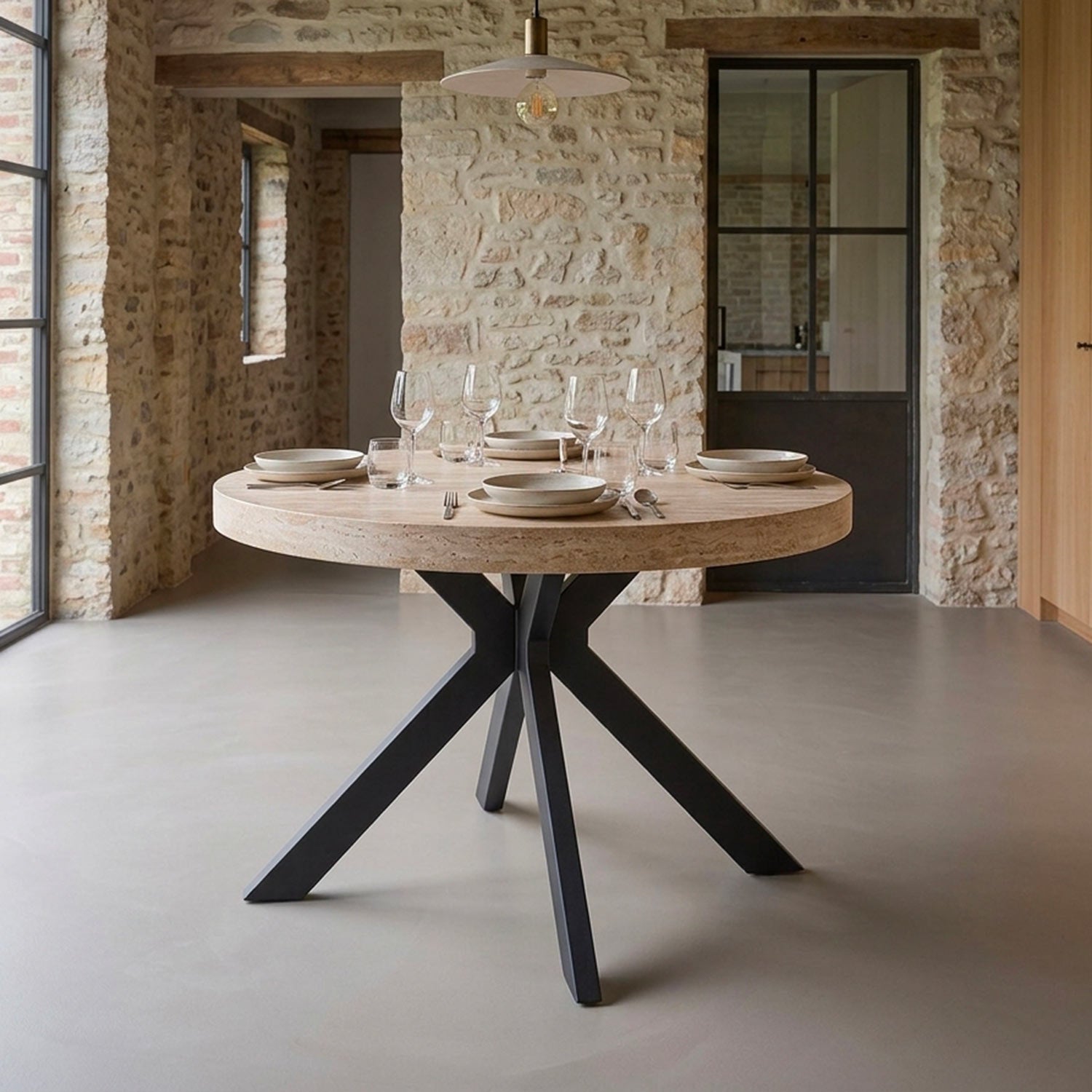 Table ronde extensible 110-260cm Myriade Effet travertin Beige et Noir